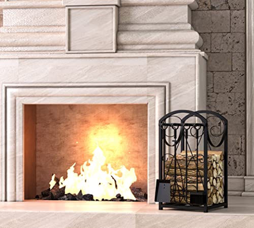 Kingson Firewood Rack Outdoor Log Holder Indoor Wrought Iron Firewood Log Storage Rack Holder With 4 Fireplace Tools-Black #TOP2