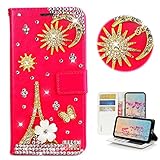 STENES Bling Wallet Phone Case Compatible with LG K92 5G 6.7 inch 2020 Case - Stylish - 3D Handmade Sun&Moon Eiffel Tower Flower Butterfly Glitter Wallet Stand Leather Cover Case - Red