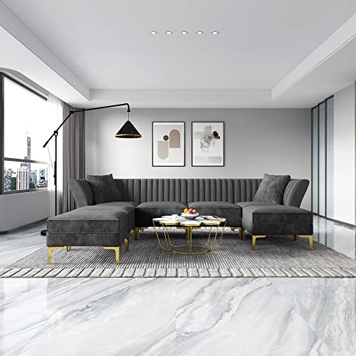 POVISON ARTINES 114.2 Modern Reversible Sectional Velvet Sofa, Chanel-Tufted 7-Seater Couch U-Sharped Sofa Furniture with Comfortable Cushion and Golden Metal Legs for Living Room, Grey