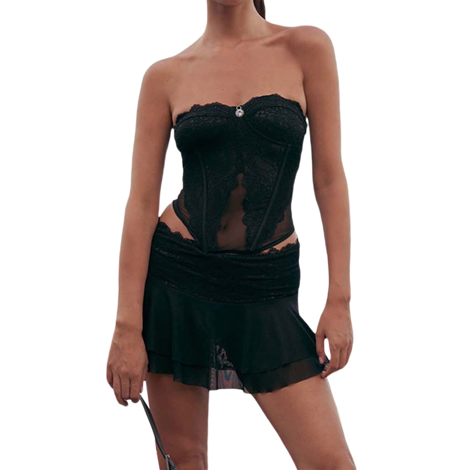 Women Solid Two Piece Outfit Halter Oblique Shoulder Bandana Crop Top with Drawstring Irregular Mini Skirt Set Party Streetwear (w-Black , L )