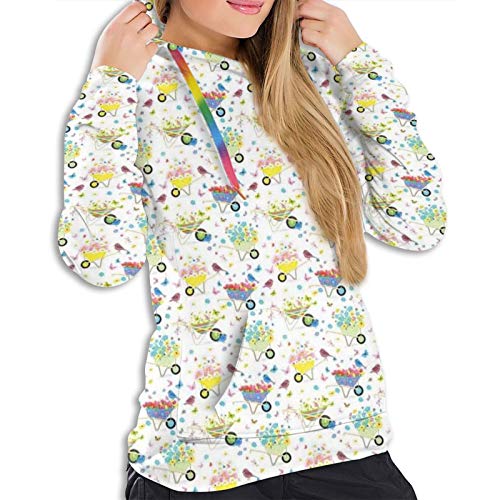 Women's Hoodies Sweatshirts,Rainbow Striped and Checkered Pattern Wheelbarrows Full of Wild Flowers and Birds XL