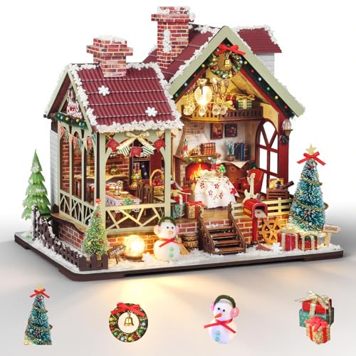Cuteefun Maquete para construir, casa de bonecas de madeira com luz tátil, cena natalícia em miniatura com portas funcionais, escolha natalícia