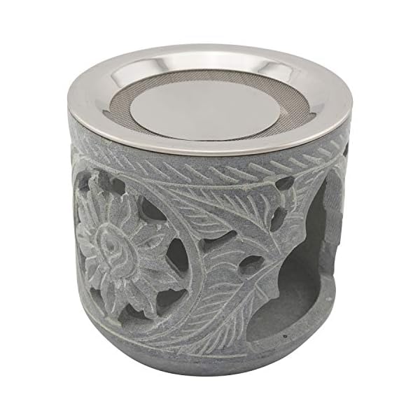 Räucherstövchen aus indischem Speckstein mit Edelstahl-Sieb und Metallscheibe – Design „Shiva – H 9 cm