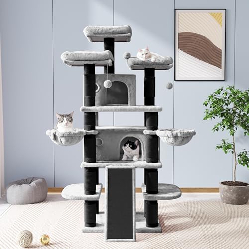 Image of Allewie 68 Inches Cat Tree /House and Towers for Big Feline /Scratching Post /Multi-Level Large Kitty Climbing Tree with Condo /Black & Grey
