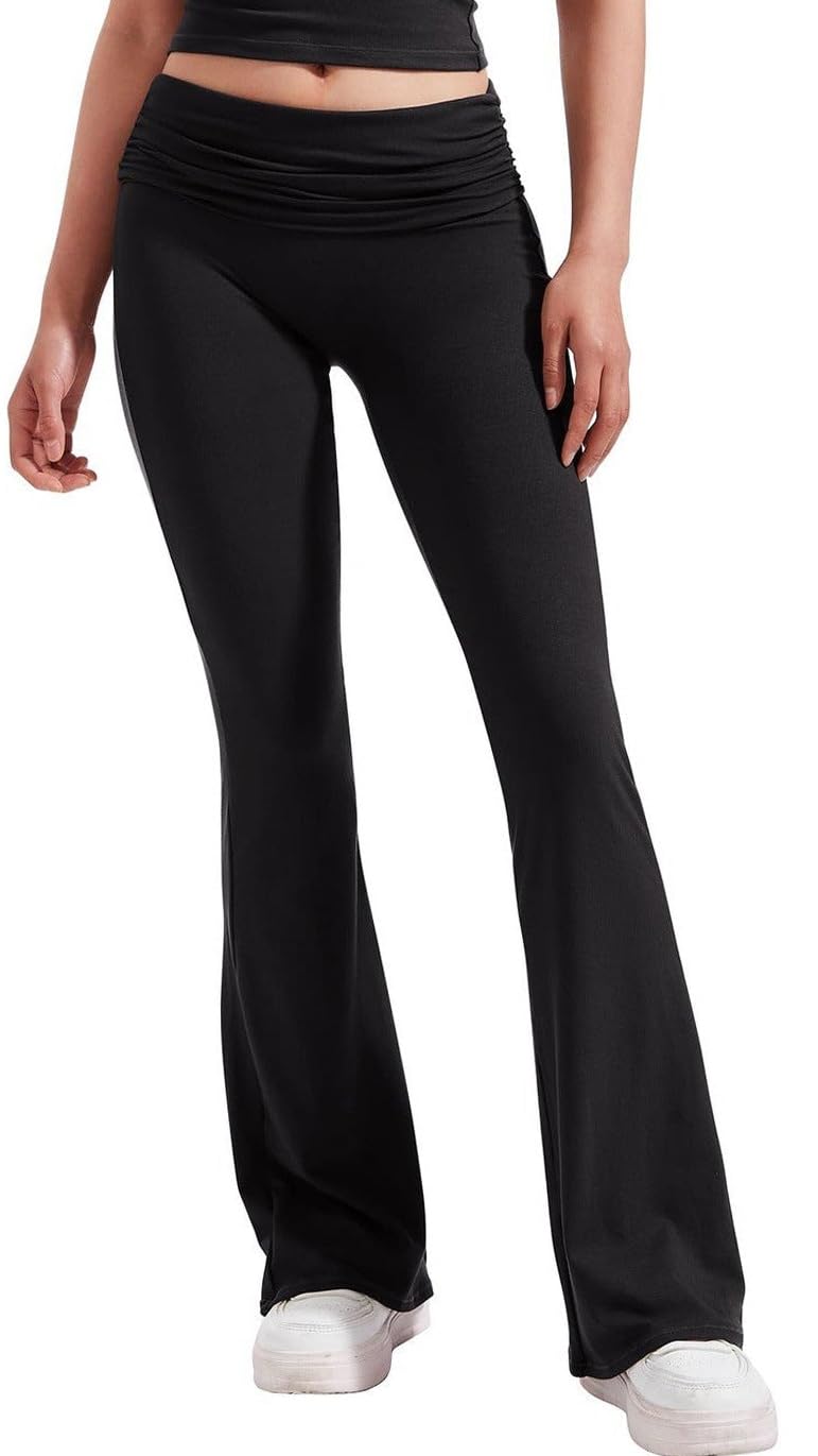 YETOWA High Waisted Ruched Yoga Flare Pants for Women Soft Stretch Casual Lounge Trousers Flared Legs Workout Wear Bottoms, Black, XS