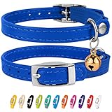 CollarDirect Leather Cat Collar, Cat Safety Collar with Elastic Strap, Kitten Collar for Cat with Bell Black Blue Red Orange Lime Green (Neck Fit 9'-11', Navy Blue)