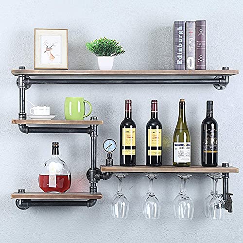 DYRABREST Wine Glass Rack, Wall Mounted Industrial Pipe Shelf Wine Bottle Holder Gift, 39.37in Rustic Metal Floating Wine Rack Steampunk Pipe Shelving, Farmhouse Wall Shelf Kitchen Wine Holder