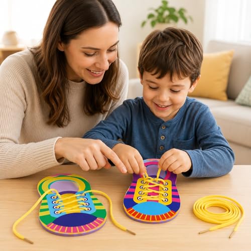 Image of LUOZZY 10 Sets Shoe Trying Practice for Kids Shoelace Threading Teaching Toys Learn to Tie Shoelaces Toy Fine Motor Skills Toy Threading Game for Kids, Random Color