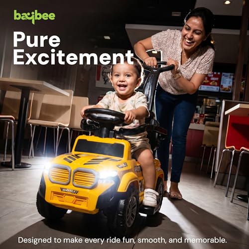 Image of Baybee Nitro Pro Ride on Cars for Kids | Baby Push Ride ons Toys Car with Parental Handle & Safety Guardrail | Baby Toy Car with Backrest, Light & Music | Outdoor Kids Cars for 1 to 3 Years (Yellow)