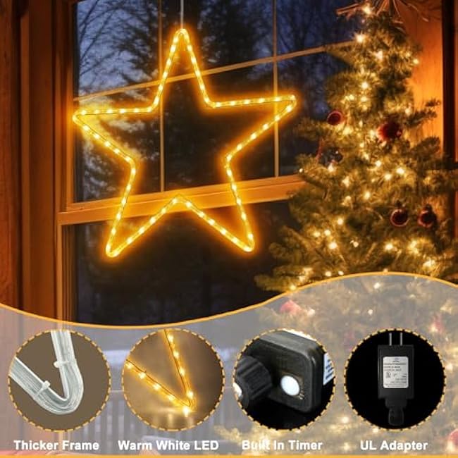 DBFAIRY 19.68 Star Outdoor Christmas Lights, 40 LEDs Christmas Light Up Star with Timer, Hanging Big Star Window Lights Mains Powered for Xmas New Year Holiday Wedding Party Decor, Warm White