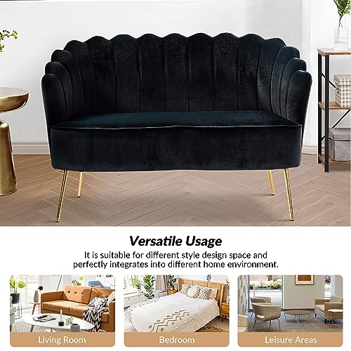 Image of HULALA HOME Modern Velvet Loveseat Sofa with Flower Shaped Back, Comfy Upholstered 2-Seater Sofa with Gold Metal Legs, Small Love Seat Accent Couch for Living Bedroom Leisure Areas, Black