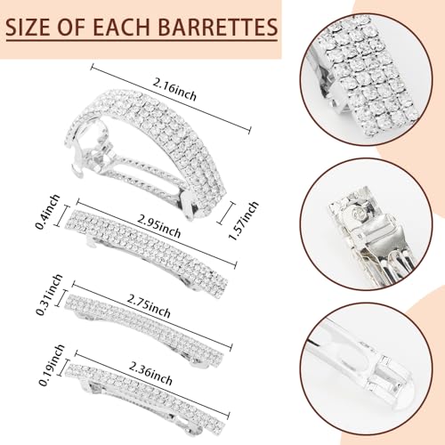 Ahoney 4 Pieces Silver Rhinestone Hair Clips Small Hair Barrettes for Women Glitter Hair Pins Sparkly Metal Spring Fancy Hair Accessories Crystal Ponytail Holders Side Clips for Women