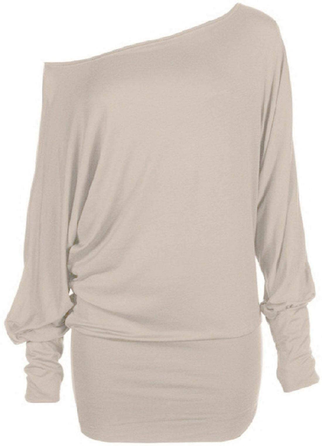 Fairy Trendz Ltd Women's Stone Long Sleeve One Off Shoulder Plain Baggy Batwing Top Party Wear Shirt ( Uk 20-22)
