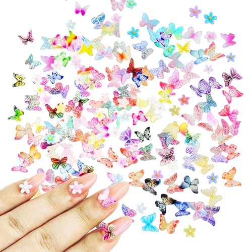 150 pcs Miniatur Schmetterlinge Deko, Mini Blumen Resin, 100 Pcs Farbig Mikro Schmetterlinge + Zufällige 50 Pcs 3D Bunte Blume Miniatur zubehör für Nageldekorationen, Feenhäuser, Bastelarbeiten