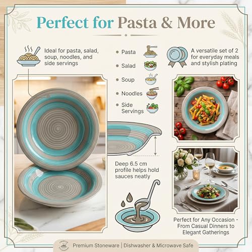 Image of Ceramic Pasta Bowls Set of 2 | 7 Inch Handmade Deep Soup Plates | Microwave Oven Safe Serving Bowls | Floral Hand-Painted Stoneware Salad Bowls (2, Turquoise & Grey)