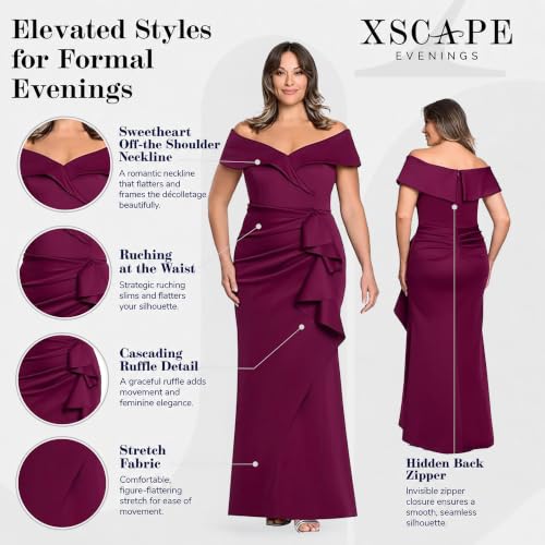 Image of Xscape Women's Long Off-the-Shoulder Sweetheart Neckline Formal Evening Gown with Ruching and Draped Ruffle Detail