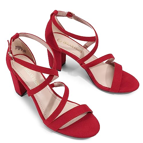 Image of DREAM PAIRS Women's Block Chunky Heels Sandals Open Toe Ankle Strappy Comfortable Dressy Sandals for Bridal Wedding Prom Party with Adjustable Cross Strap