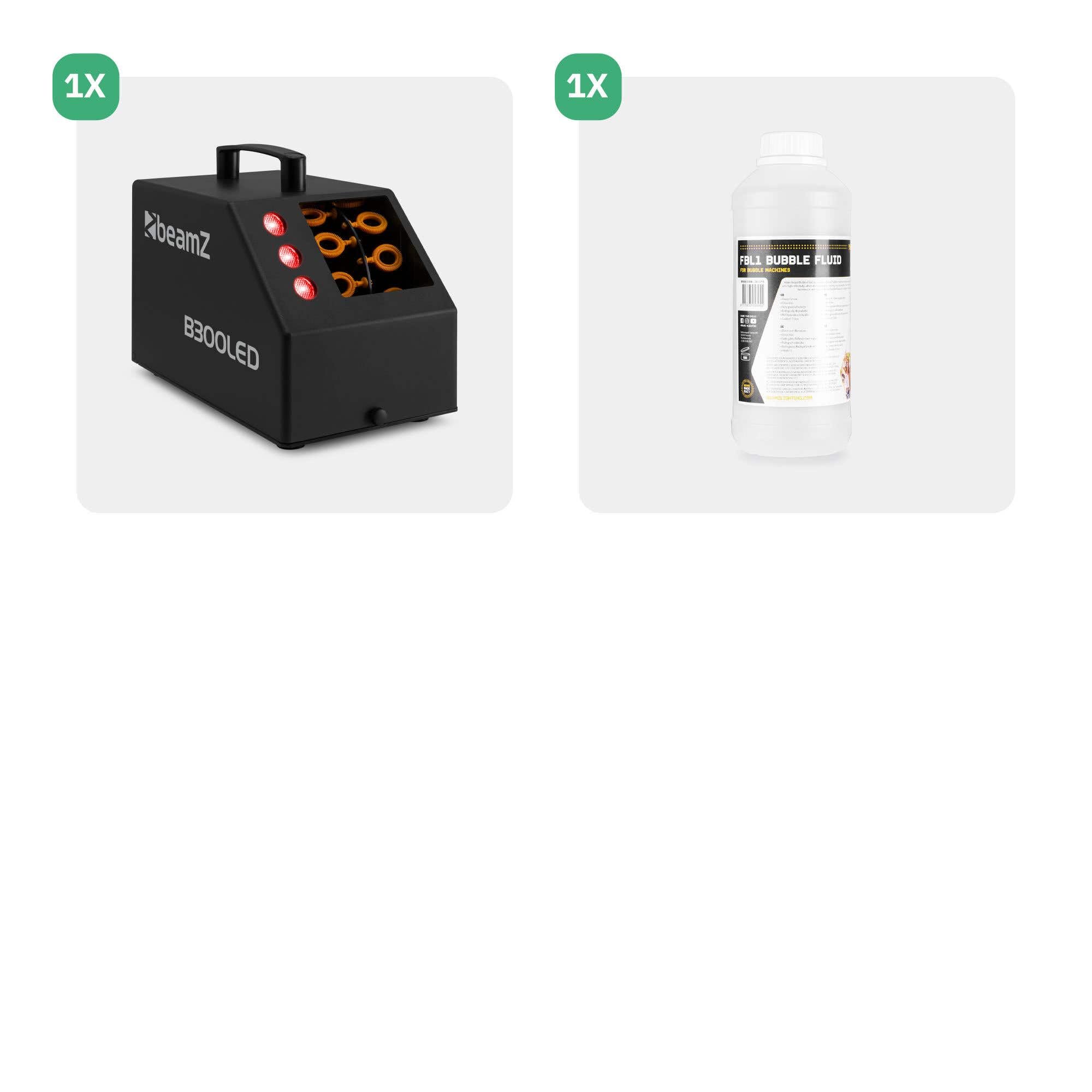 BeamZ B300LED - Máquina de Burbujas con LED RGB, Mando a Distancia, 1L líquido Incluido, depósito 700ml, compacta y Ligera, Ideal para Fiestas Infantiles, jardín, Eventos y espectáculos