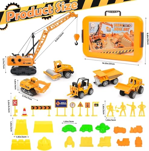 Tacobear Baustelle Magic Sand Koffer Sensorik Spielzeug Geschenke Junge 3-8 Jahre mit 1kg Knetsand, Kranspielzeug, 5 Mini Fahrzeuge & 14 Sandformen, Sandspielzeug Spielsand Zaubersand Geschenk Kinder