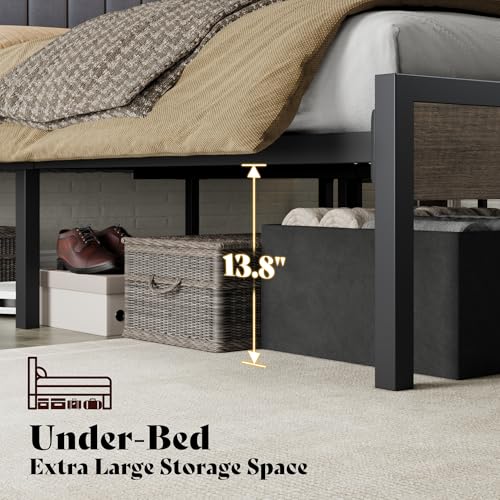 Image of AMERLIFE Full Bed Frame with LED Light and 2 Storage Drawers, Metal Platform Bed with Storage Headboard, Velvet Upholstered, Heavy-Duty Slats, No Box Spring Needed, Easy Assembly, Grey