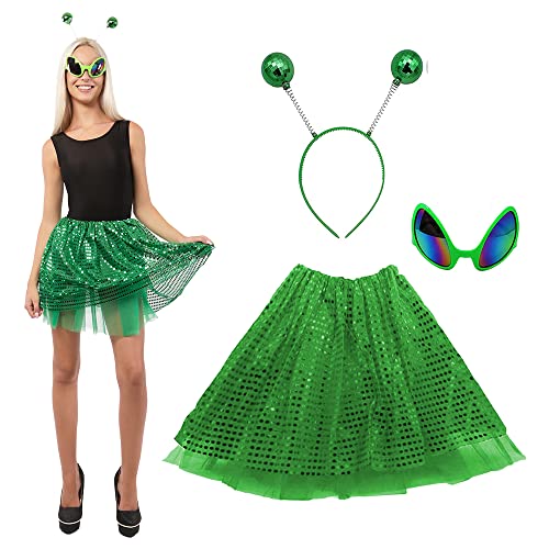 Disfraces Alienígenas Mujer, Gafas de Extraterrestre con Diadema de Antena y Falda de Lentejuelas, Accesorios para Fiestas Temáticas Halloween Carnaval y Disfraz de Supernova (Verde)