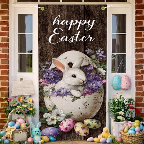 Image of Happy Easter Door Cover Rustic Wood Bunny Banner Vintage Eggs Spring Front Door Decorations Home Party Outdoor Decor 35.4x71 Inch
