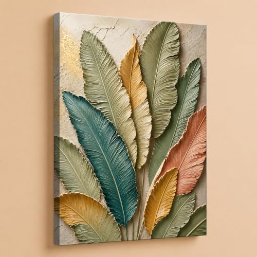 Image of PAINTINGMANTRA Embossed Floral Leaf Canvas Wall Art Painting for wall decoration, Multi-Color Feather & Leaf Motifs Stretched Canvas Painting for living room, bedroom, Home and office, 22x34 Inch