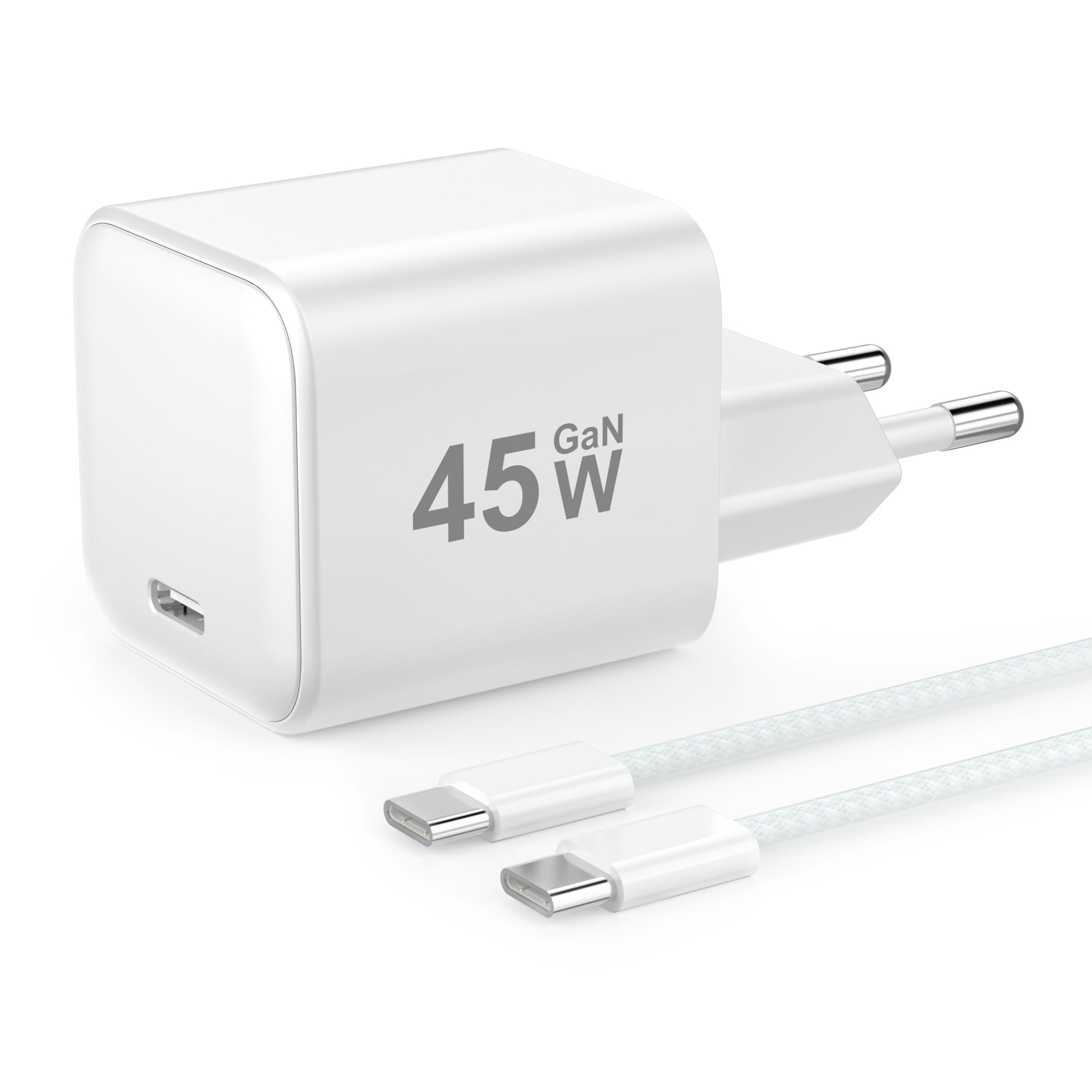 YISH 45W Caricatore USB C Rapido GaN：PD3.0 Caricabatterie USB C Alimentatore Compatto Presa Compatibile con iPhone 17 16 15 Samsung S25 S24 Spina Tipo C Carica Batterie Cellulare con 60W Cavo USBC 1M - 1
