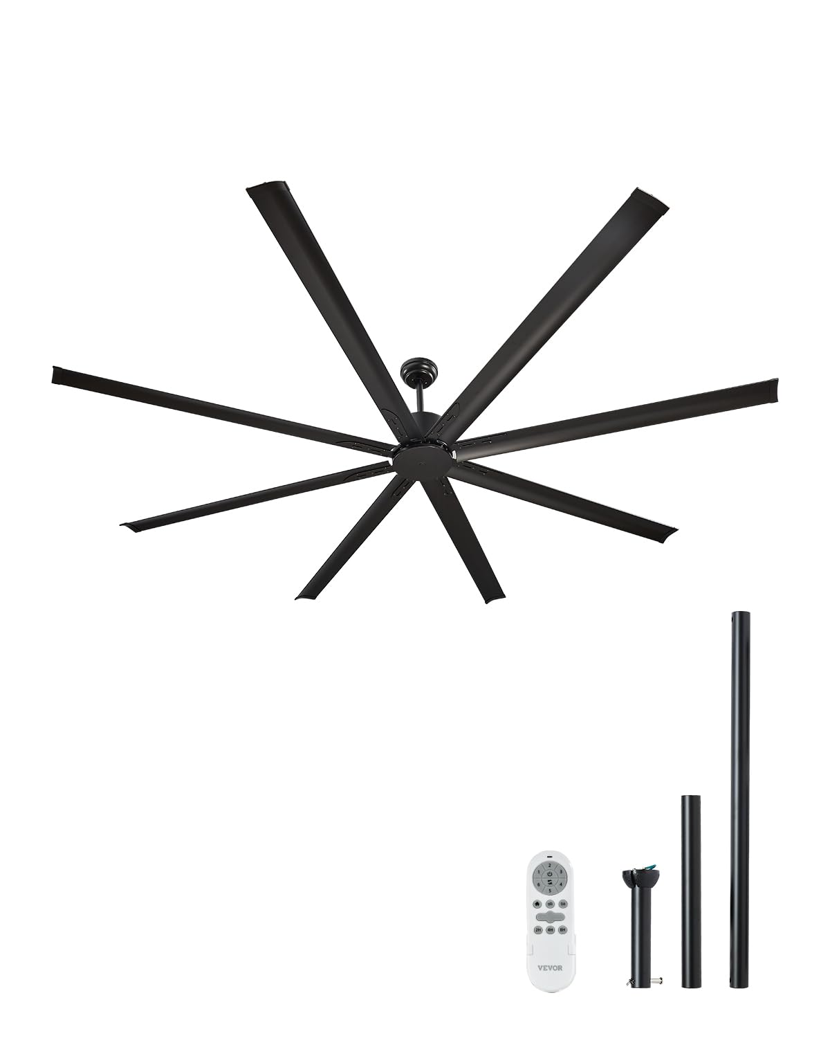 VEVOR Ventilatore da Soffitto da 244 cm Senza Luce, Telecomando a 6 Velocità, 8 Pale in Alluminio, Motore DC Reversibile, Moderno Ventilatore a Filo Basso per Soggiorno, Patio Nero