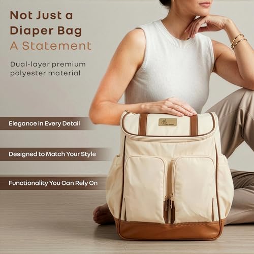 Image of R for Rabbit Caramello Bold Hazel Diaper Bag for Moms, Premium Vegan Leather Baby Travel Bag with Insulated Bottle Pockets, 10 Multi-Purpose Pockets Maternity Backpack, 37 Litre Capacity (Cream Brown)