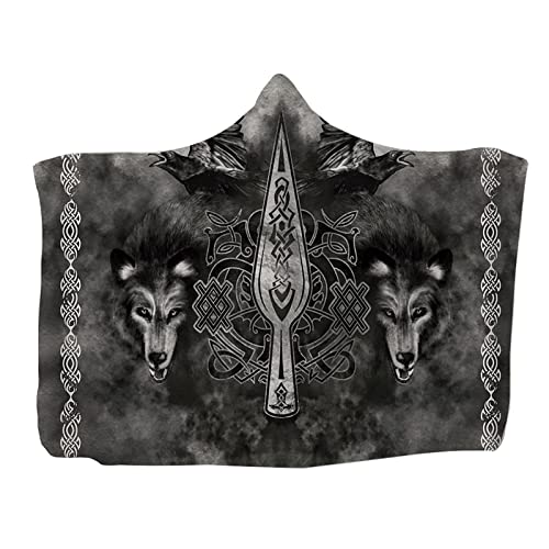Hooded Throw Blanket Wearable Viking Tattoo Print Flannel Cape Cloak Blanket for Sofa Napping Blankets Childs Adults