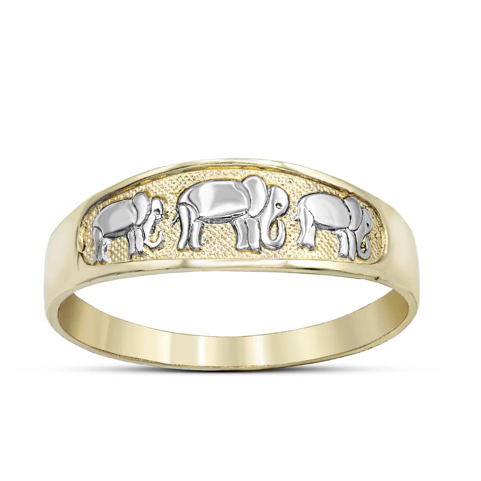 14K Two Tone White and Yellow, White, and Two Tone Rose Gold Family of Three Elephants Parade Band Three Elephant Style Statement Ring - Choice of Size