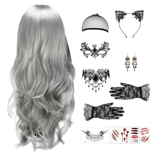 Perruques De Carnaval pour Femmes, Perruque Femme Set, Ombre Grise Longue Ondulée Avec Gothique Necklace Bracelet Lace Gloves Earrings Mask For Carnaval Masquerade Cosplay (B)