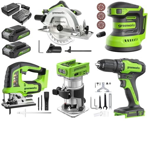 Greenworks 24V Brushless 5 pcs Cordless Power Tool Combo Kit, include Drill Driver, Circular Saw, Jigsaw, Wood Router, Sander, 2 x 2Ah Batteries and Charger