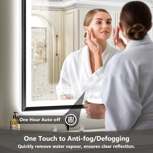 Image of 48x36 LED Bathroom Mirror with Lights, Black Lighted Mirror | Backlit and Front light, Anti-Fog, 3 Color Dimmable, Memory, Tempered Glass, IP54 Waterproof, UL Listed