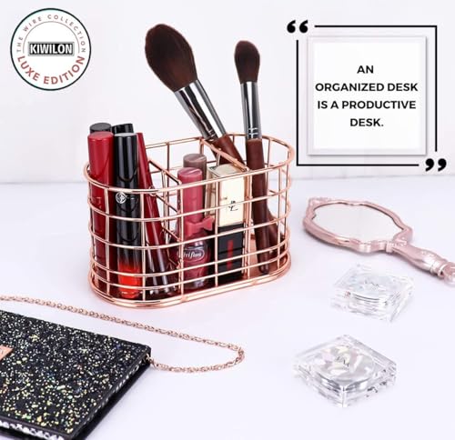Image of 3 Compartment Desk Organizer | Multipurpose Metal Stationery Holder & Makeup Brush Stand | Electroplated Iron Storage Basket for Office & Vanity (Rose Gold)