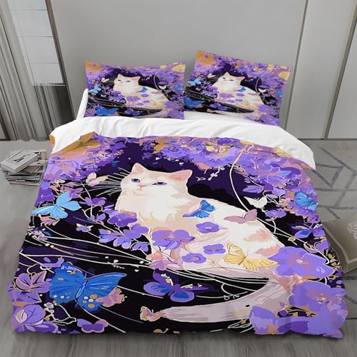 Funda Nordica Cama 135 Mariposa Funda Nordica-Cama 200x200 Gato Fundas Nordicas y 2 Funda de Almohada 100% Poliester, Suave y Transpirable con CremalleraH2590