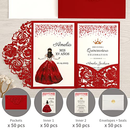 image for DORIS HOME 50pcs Laser Cut Quinceanera Invitations Red, 4.7x7.1 Person