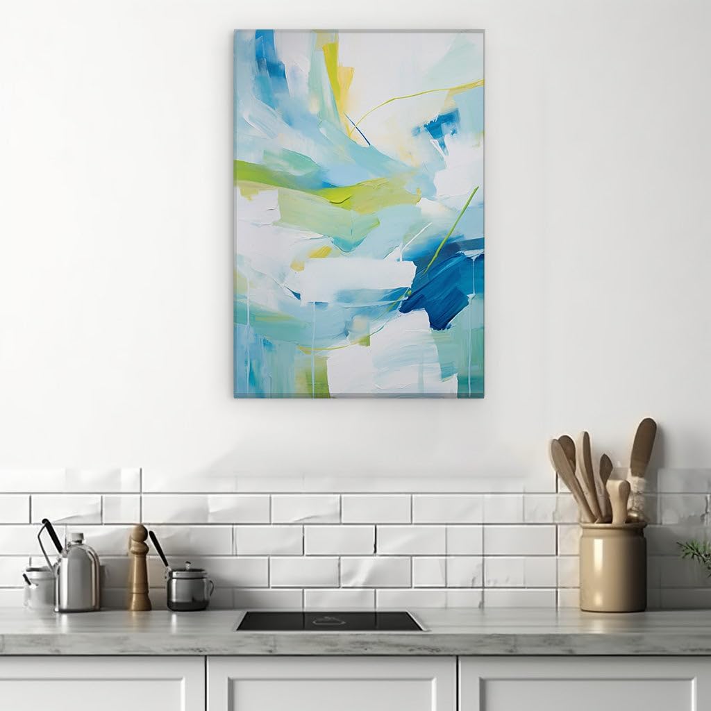 Canvas for Living room. Dancing Hues: The Vivid Energy of Blues, Greens, and Whites in Abstract Motion, 27 x 18 inch Canvas Wall Art - Ready to Hang