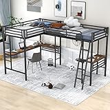 BOVZA Double Twin Size Loft Beds, Metal L-Shaped Loft Bed Frame with Two Desk Underneath for 2 Kids Boys Girls Teens, Black