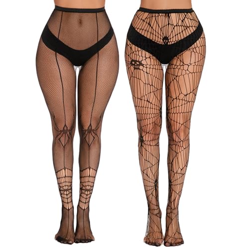 2 Pcs Women's Spider Web Net Tights, Patterned Fishnet Stockings, High Waist Black Spiderweb Tights for Women - One Size