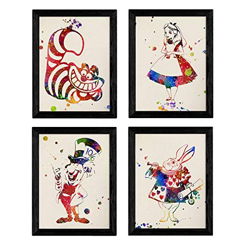 Nacnic Ensemble de quatre impressions de style Eclat de couleur. Affiches d'Alice au pays des merveilles. Feuilles A4 d'Alice, le lapin, le chapelier fou et le...