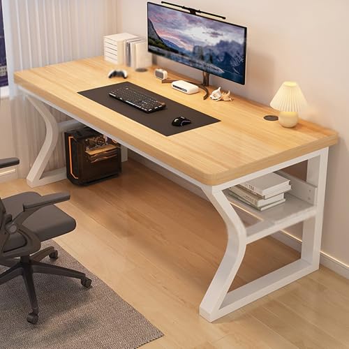 NUOMIE パソコンデスク 無垢材 ゲーミングデスク 幅60cm ゲーミングテーブル 木製 机 PC机 収納付き しっかりした構造 おしゃれテーブル シンプル 化粧台 作業机 仕事用 在宅 リモートワーク 組立簡単 (140x60x75cm,木目調+白)