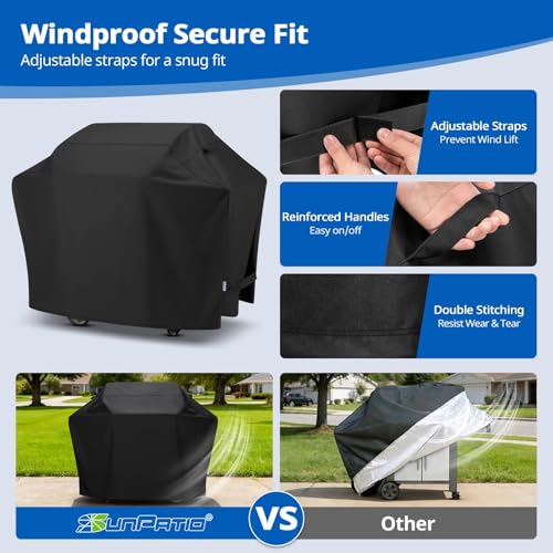 Image of SunPatio Barbecue Grill Cover 65 Inch, Outdoor Heavy Duty Waterproof Charcoal Gas Grill Cover, Fade Resistant, All Weather Protection Compatible for Weber Charbroil Nexgrill and More, Black
