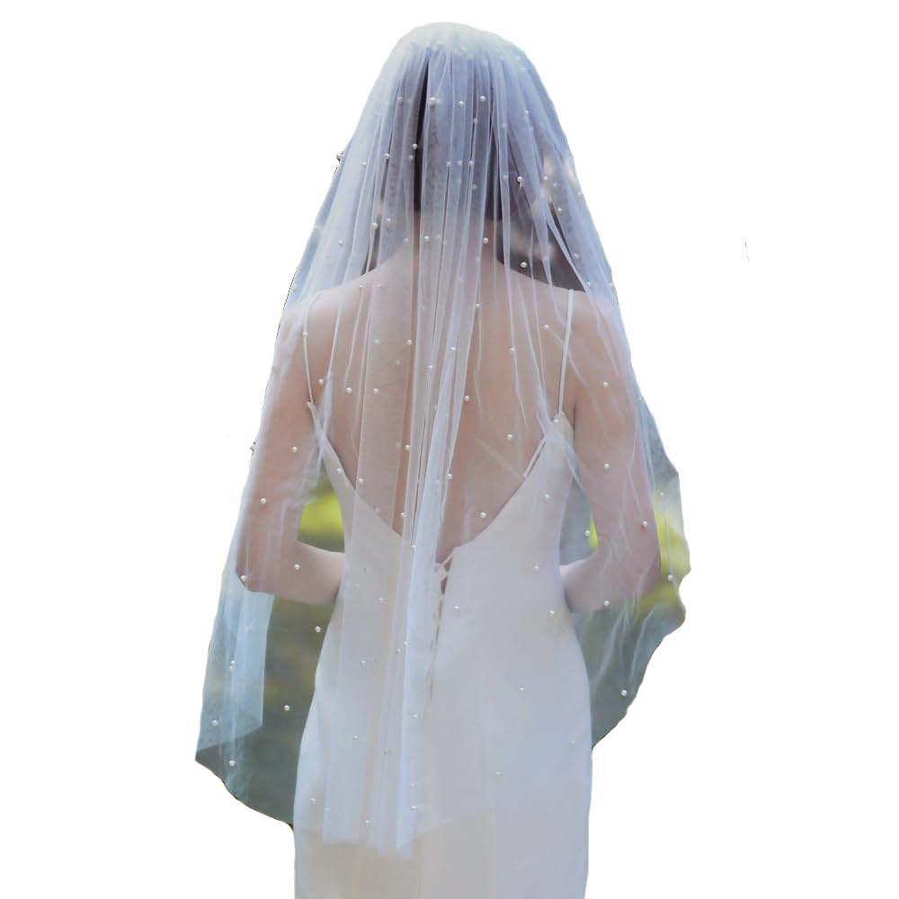 Brautschleier Perlen Weiß Hochzeitsschleier Elegent Kirche Braut Schleier 1 Stöckig Weicher Tüll Perlenschleier Haarschmuck für Hochzeit Junggesellinnenabschied mit Kamm 300cm