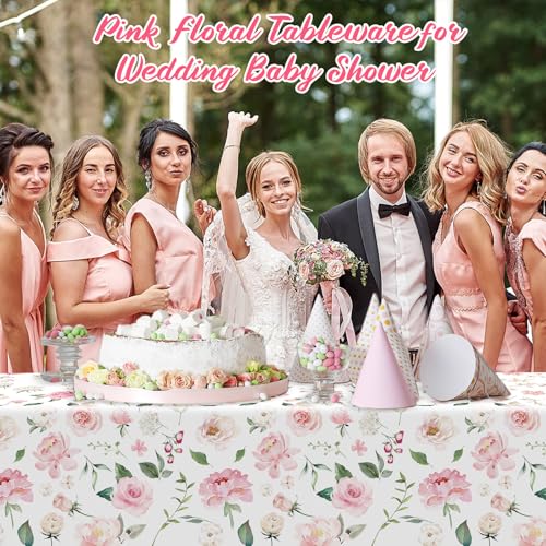 Image of Ganeen 3 Pcs Pink Floral Tablecloth Disposable Plastic Table Covers Wildflower Waterproof Tablecloth for Baby Shower Birthday Wedding Mothers Day Tea Party Supplies and Decor, 54 x 108 Inch