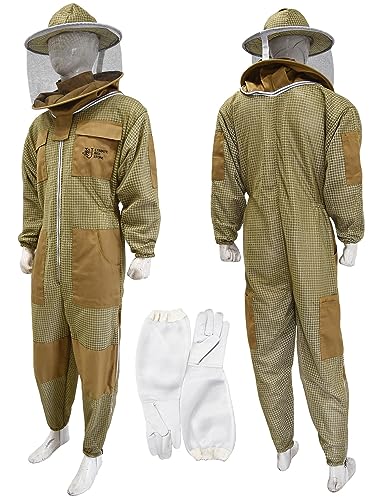 ULTIMATE BEE STORE Ultra Ventilated Beekeepers 3 Layer Suit Coverall - Premium Quality Apiarist costume for Men & Women With Pair of Gloves (M, Khaki Round Veil)