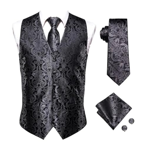 Men's Silk Paisley Slim Fit Waistcoat Tie Hanky Cufflinks Set for Wedding Suit Business Party