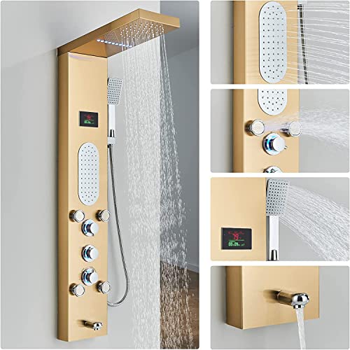 Ello&Allo Led Shower Panel Tower System, Rainfall And Mist Head Rain Massage Stainless Steel Shower Fixtures With Adjustable Body Jets, Brushed Gold #TOP1