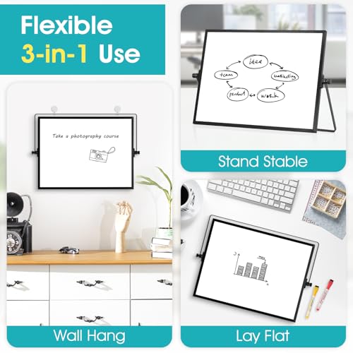 Image of Dry Erase Small White Board, 16 inch x 12 inch Desktop Whiteboard with Stand Black